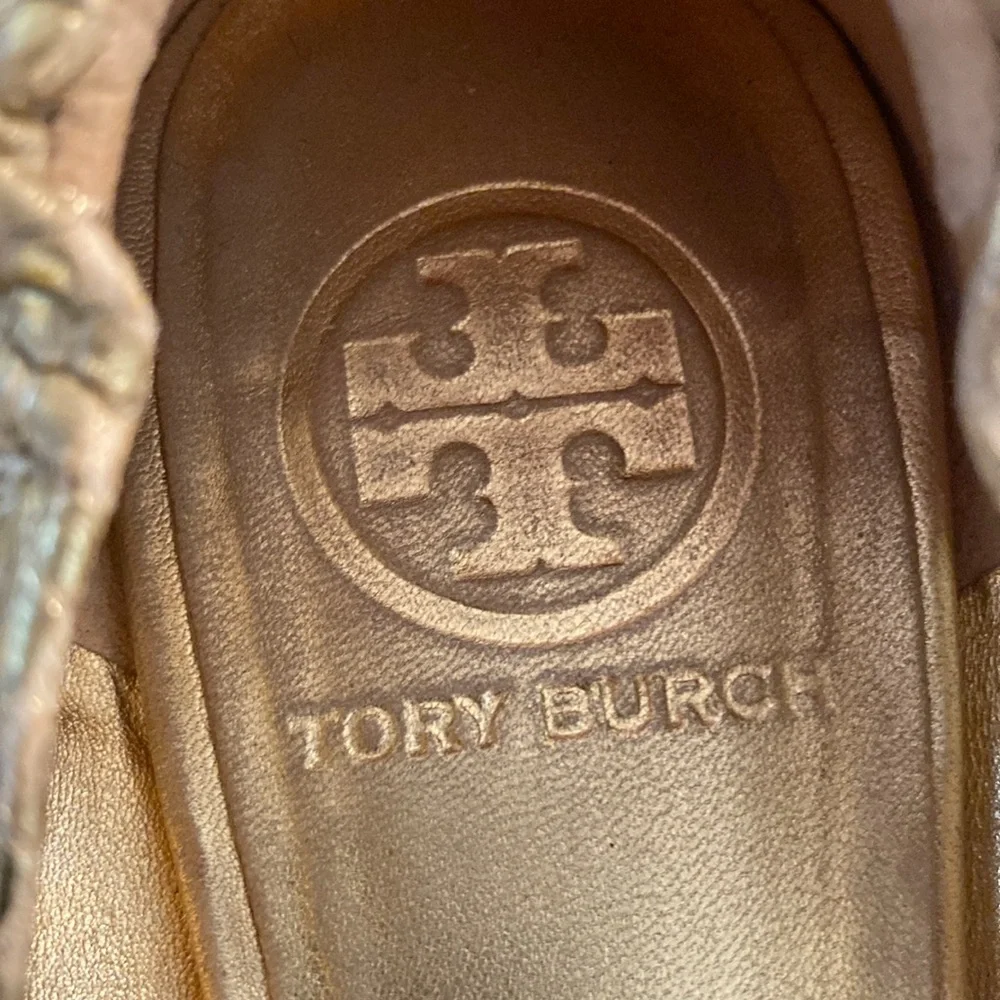Tory Burch REVA GOLD LEATHER Medallion SNAKESKIN BALEET FLATS Size 8M VGC